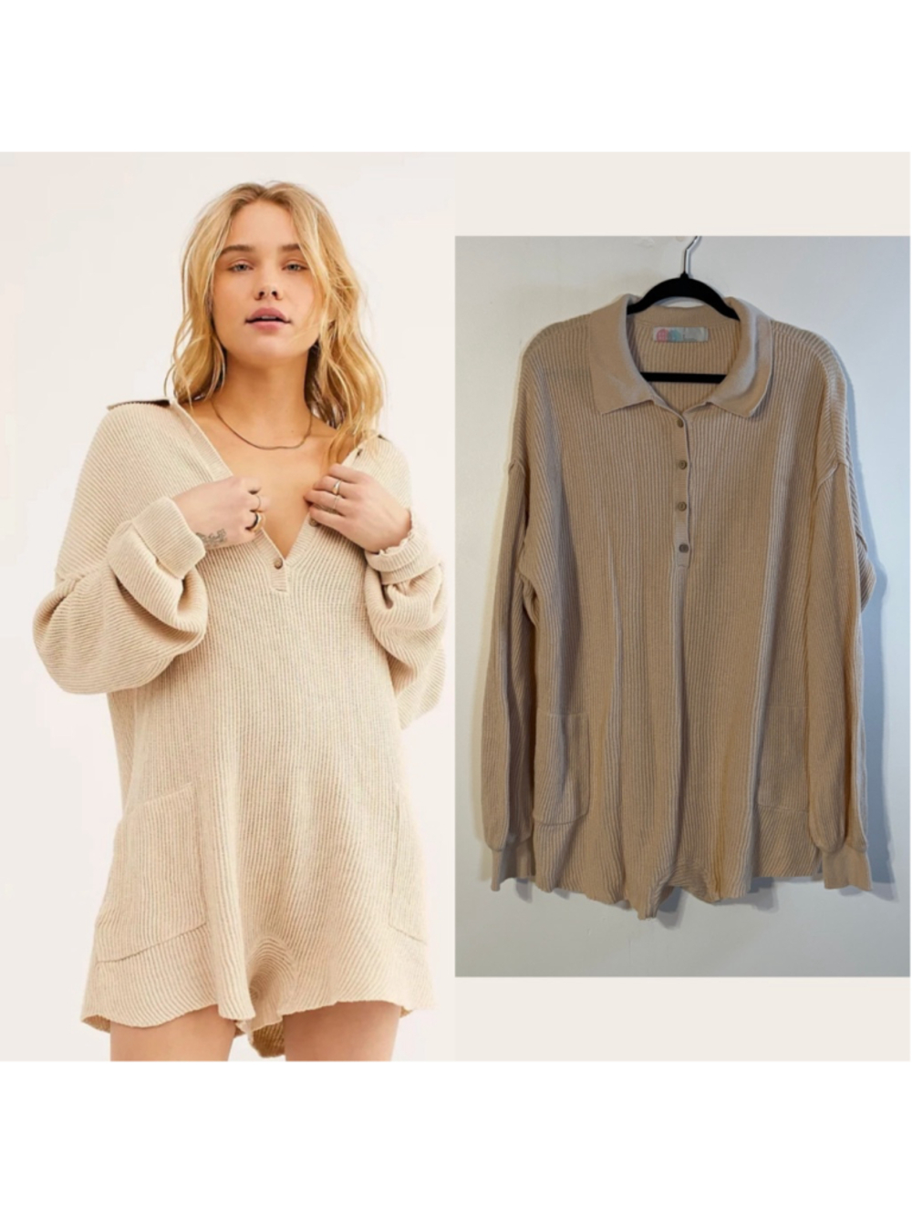 Free People FP Beach Picnic Sweater Romper Linen Cotton Brown Women's Large